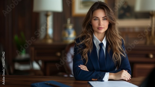 Mulher de terno e gravata no escritório, atuando em negócios administrativos photo
