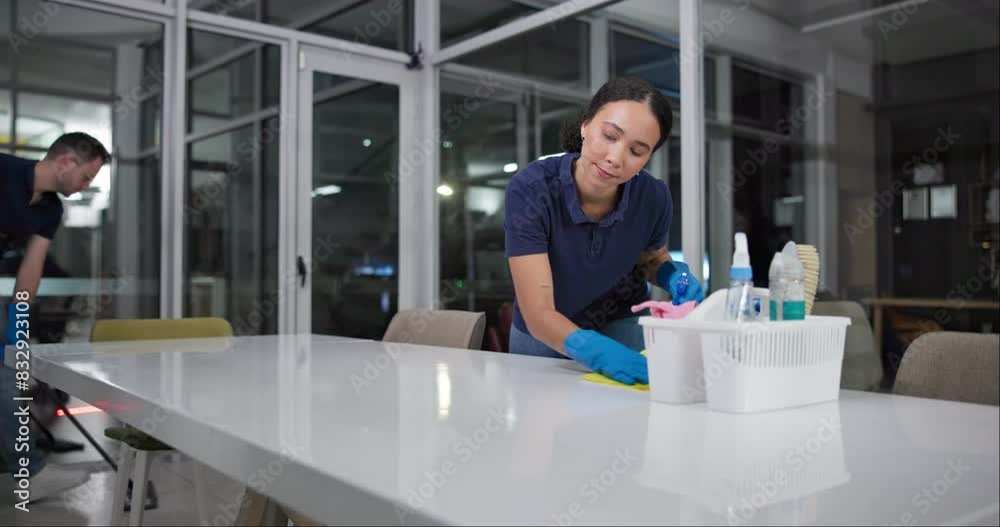 Professional, cleaning service or team in office space with maintenance process, protection or disinfection. Workspace, hygiene or cleaner people with product for safety, dust or bacteria prevention