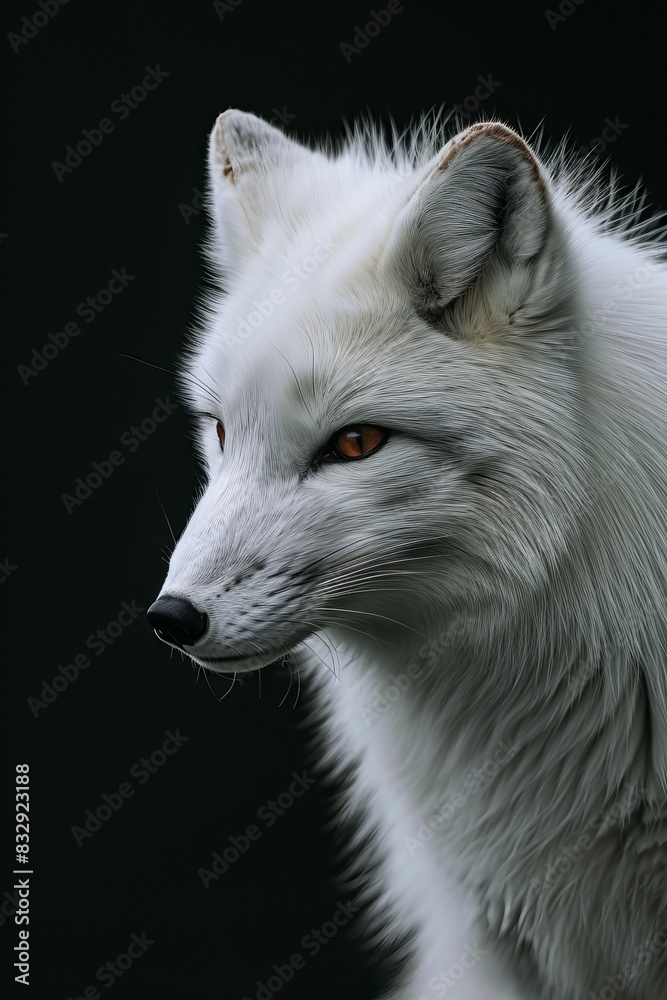 Mystic portrait of Arctic Fox in studio, copy space on right side, Anger, Menacing, Headshot, Close-up View Isolated on black background Mystic portrait of Arctic Fox in studio, copy space on right side, Anger, Menacing, Headshot, Close-up View Isolated on black background
