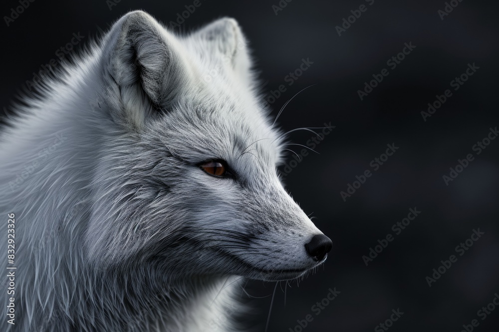Fototapeta premium Mystic portrait of Arctic Fox in studio, copy space on right side, Anger, Menacing, Headshot, Close-up View Isolated on black background