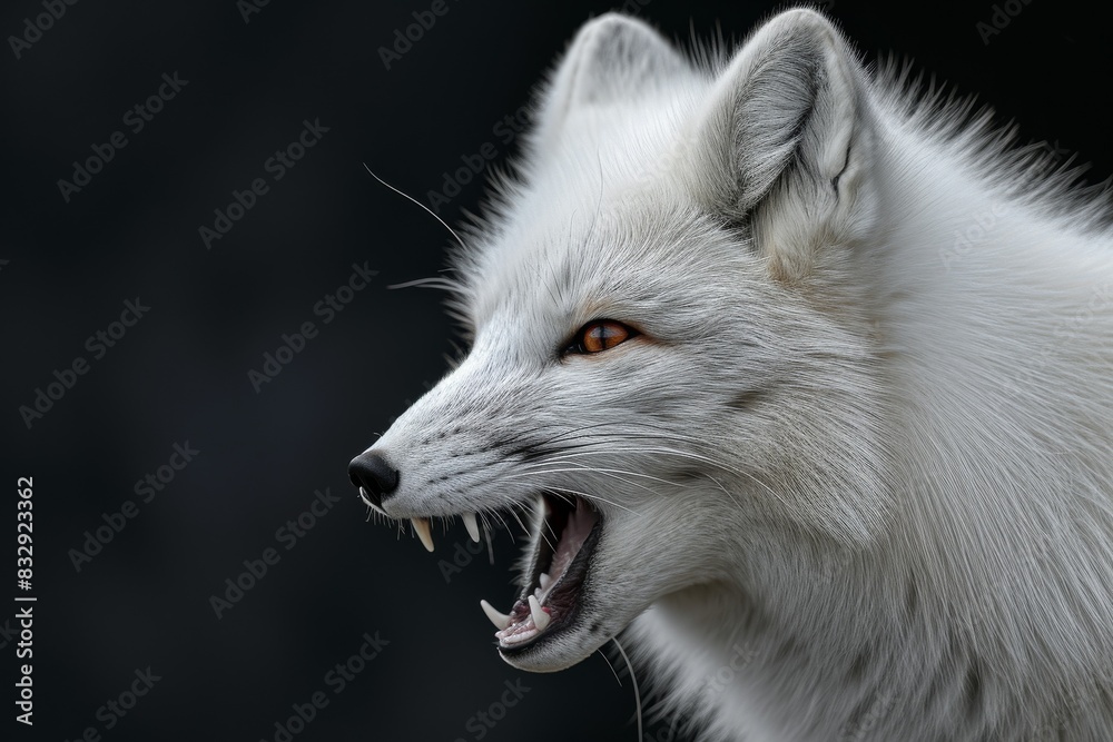 Fototapeta premium Mystic portrait of Arctic Fox in studio, copy space on right side, Anger, Menacing, Headshot, Close-up View Isolated on black background