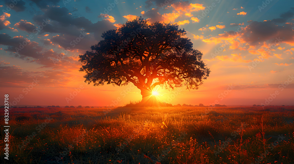 A nature plain scene with a lone tree silhouetted against the setting sun, the sky glowing with vibrant colors A nature plain scene with a lone tree silhouetted against the setting sun, the sky glowing with vibrant colors