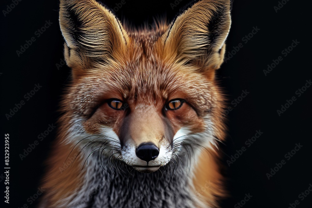 Fototapeta premium Mystic portrait of Bengal Fox in studio, copy space on right side, Anger, Menacing, Headshot, Close-up View Isolated on black background