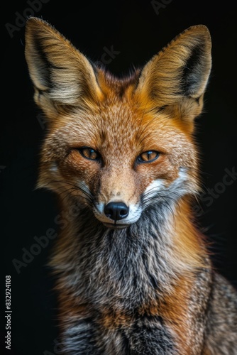 Mystic portrait of Bengal Fox in studio, copy space on right side, Anger, Menacing, Headshot, Close-up View Isolated on black background