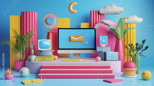 Online marketing tools represented in a colorful virtual setup