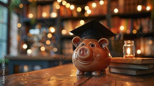 graduation cap on piggy bank, symbolizing investment in education