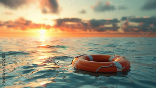Sunlit lifebuoy floating on tranquil ocean in early morning