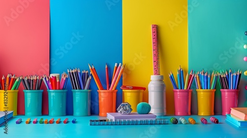 Vibrant office supplies on desk with colorful background