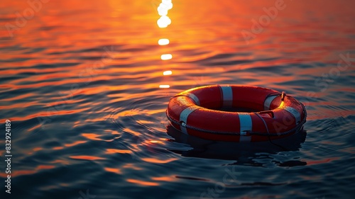 lifebuoy adrift in red ocean water at sunset