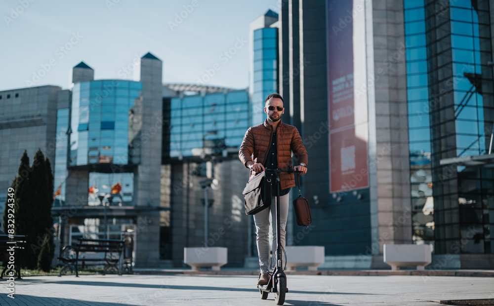 Confident businessman commuting on an electric scooter with a stylish outfit and carrying a leather bag in an urban setting.