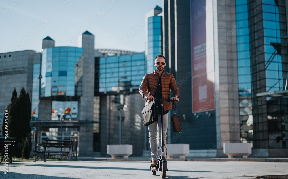 Confident businessman commuting on an electric scooter with a stylish outfit and carrying a leather bag in an urban setting. Confident businessman commuting on an electric scooter with a stylish outfit and carrying a leather bag in an urban setting.