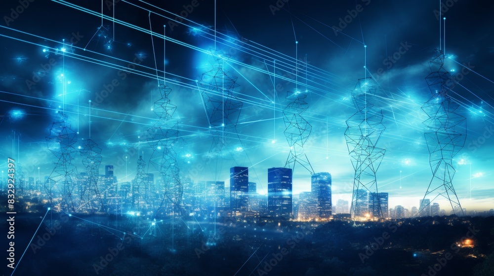 Fototapeta premium Urban high power poles connected to smart grid, energy supply, power distribution, power transmission, power transmission, high voltage supply, technology, community, city