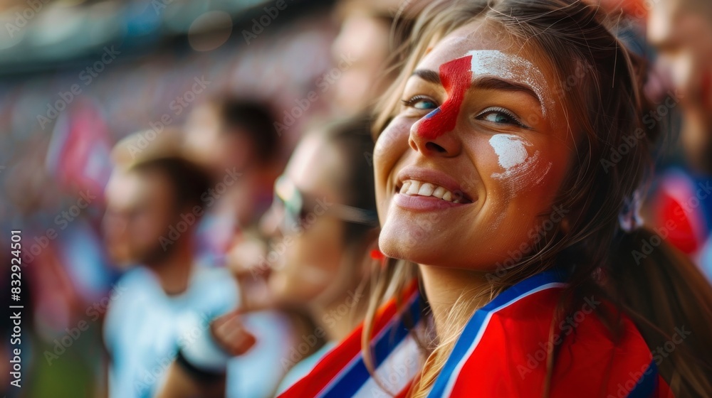 beautiful woman in a stadium with her face painted the flag of switzerland beautiful woman in a stadium with her face painted the flag of switzerland