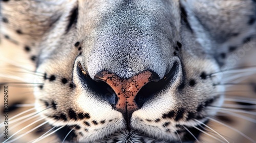 Close up front view of a snow leopard s nose at an outdoor zoo © TheWaterMeloonProjec