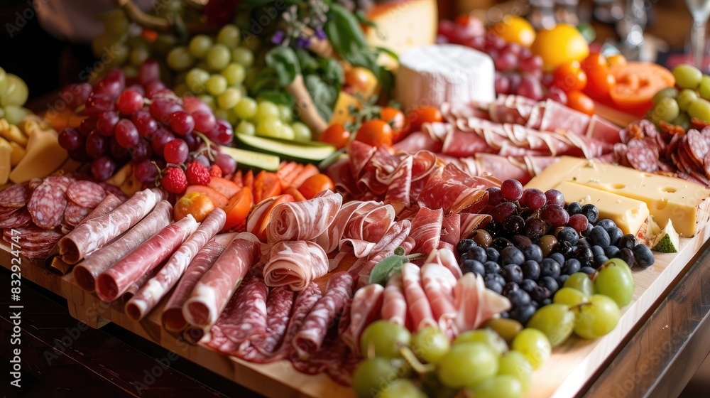 Fresh and succulent fruits meats cheeses and snacks displayed on a wooden platter Fresh and succulent fruits meats cheeses and snacks displayed on a wooden platter