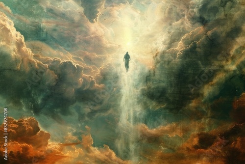 Path to Heaven: the concept of death and immortality of the soul, including its separation from the body in this world and its subsequent ascent to heaven, according to religious teachings. photo