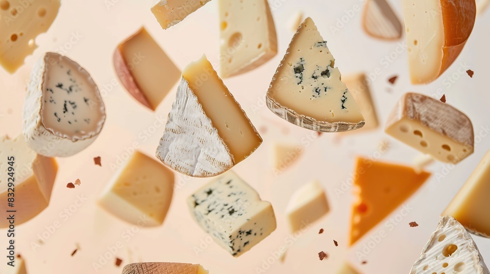 Various cheeses, brie, cheddar, and gouda, suspended in mid-air Various cheeses, brie, cheddar, and gouda, suspended in mid-air