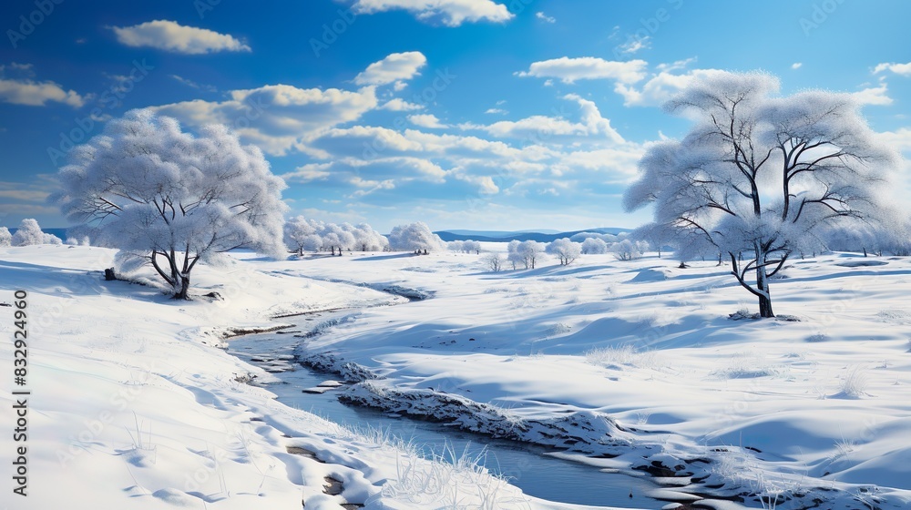 Winter Wonderland: Tranquil Snowy Forest with Icy River Winter Wonderland: Tranquil Snowy Forest with Icy River