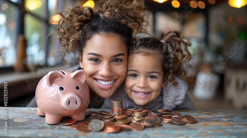 Mãe ensinando educação financeira para filha, economizando dinheiro para o cofrinho de porquinho, guardando moedas photo