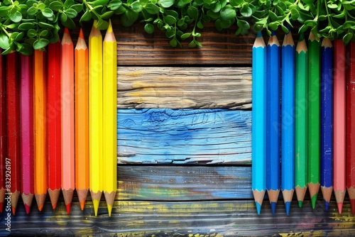 Row of Colored Pencils In Front of Wooden Wall