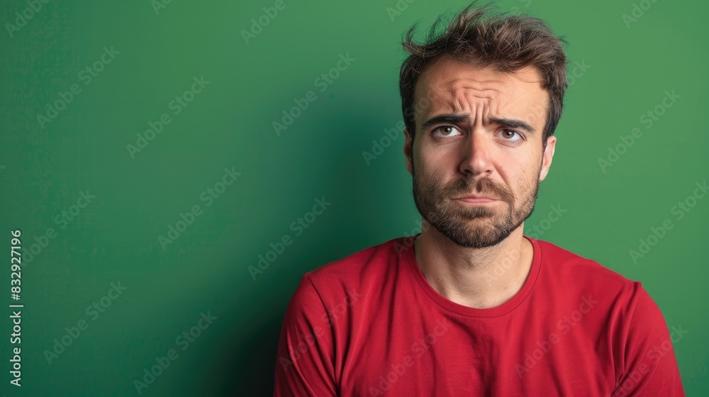 Dreamy man in a red shirt looking contemplative with a blank expression against a green backdrop Dreamy man in a red shirt looking contemplative with a blank expression against a green backdrop