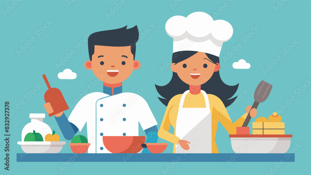 Two partners immerse themselves in a themed couples cooking class dressing up in chefs hats and aprons while learning to cook cuisine from around the. Vector illustration Two partners immerse themselves in a themed couples cooking class dressing up in chefs hats and aprons while learning to cook cuisine from around the. Vector illustration