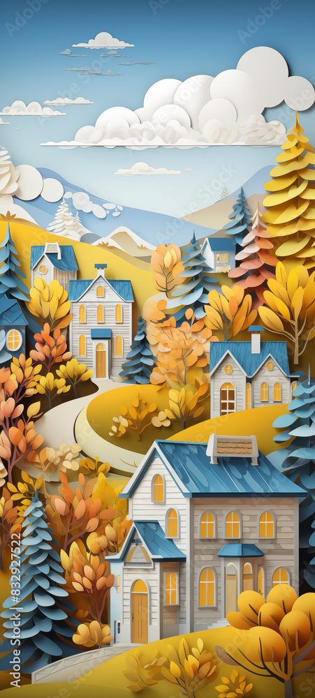 Fototapeta premium illustrations of houses and natural scenes with 3D paper cut textures