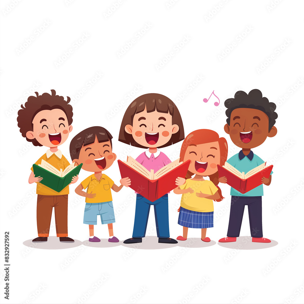 Talented Children Singers In Choir: Diverse Vocal Group Of Cute Kids Performing Musical Song In Church. Isolated Illustration On White. Talented Children Singers In Choir: Diverse Vocal Group Of Cute Kids Performing Musical Song In Church. Isolated Illustration On White.