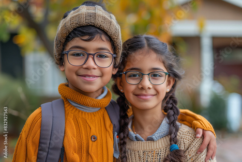 Happy Indian Siblings With Backpacks Ready for Back to School or Hike