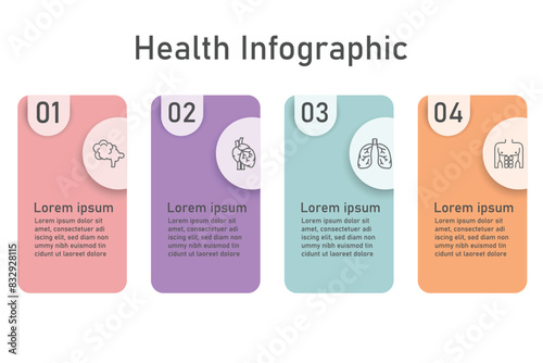 Infographic health care template for treatment and health care information presentation. Vector square with organ icons and examples sentences. Modern workflow diagrams. Report plan 4 topics