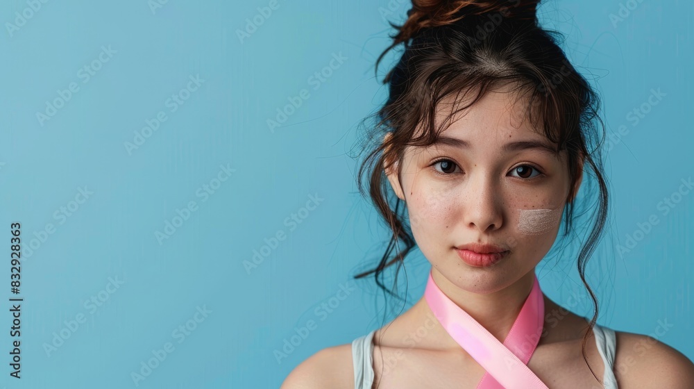 Breast Cancer Awareness Young Asian Female with Pink Ribbon on Blue Background Breast Cancer Awareness Young Asian Female with Pink Ribbon on Blue Background
