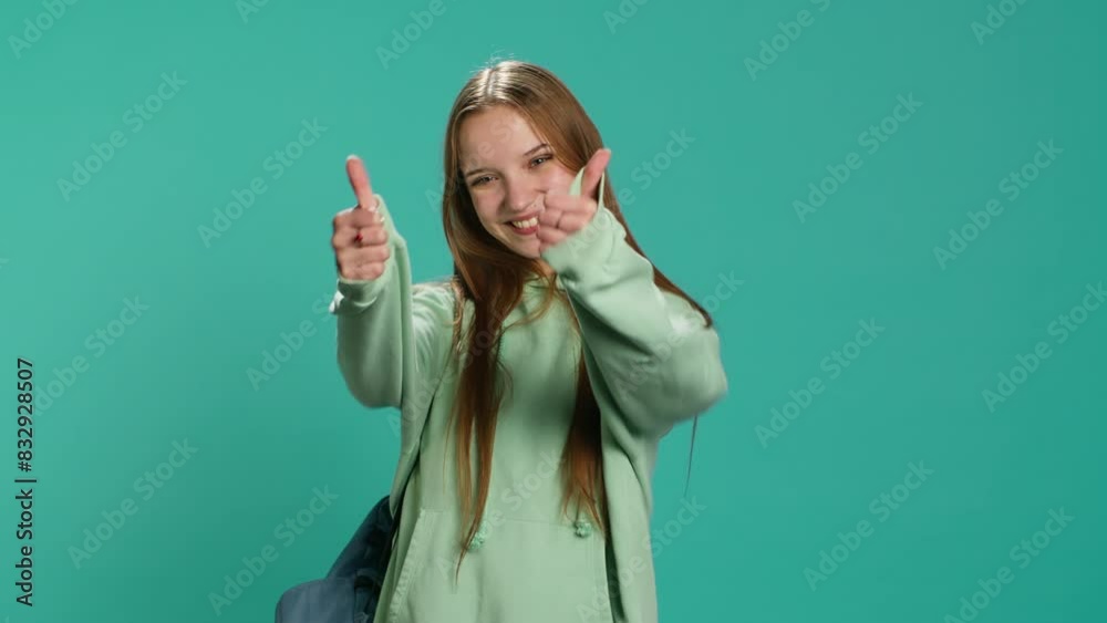 Happy girl doing thumbs up hand gesturing, showing approval, having positive mood. Smiling teenager presenting confirmation, doing agreement finger sign, studio background, camera A Happy girl doing thumbs up hand gesturing, showing approval, having positive mood. Smiling teenager presenting confirmation, doing agreement finger sign, studio background, camera A