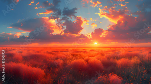 A nature steppe during sunset, the sky ablaze with colors, and the grasses casting long shadows