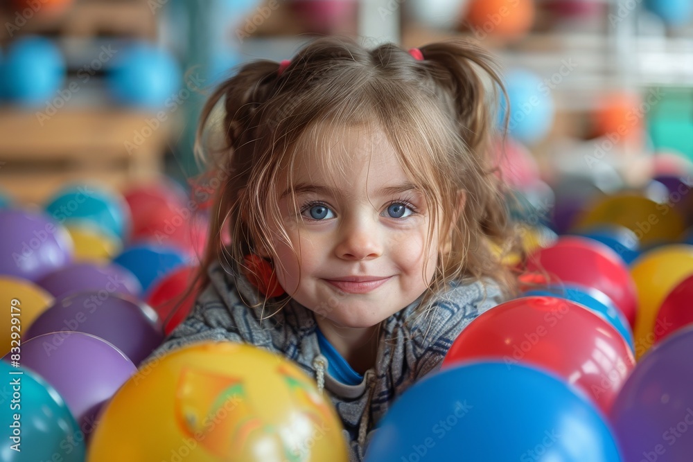 Fototapeta premium Little girl peeking through a sea of multicolored plastic balls with a playful gaze