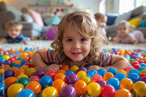 Portrait of an adorable curly-haired toddler enthusiastically playing inside a colorful ball pit at a kids' play area