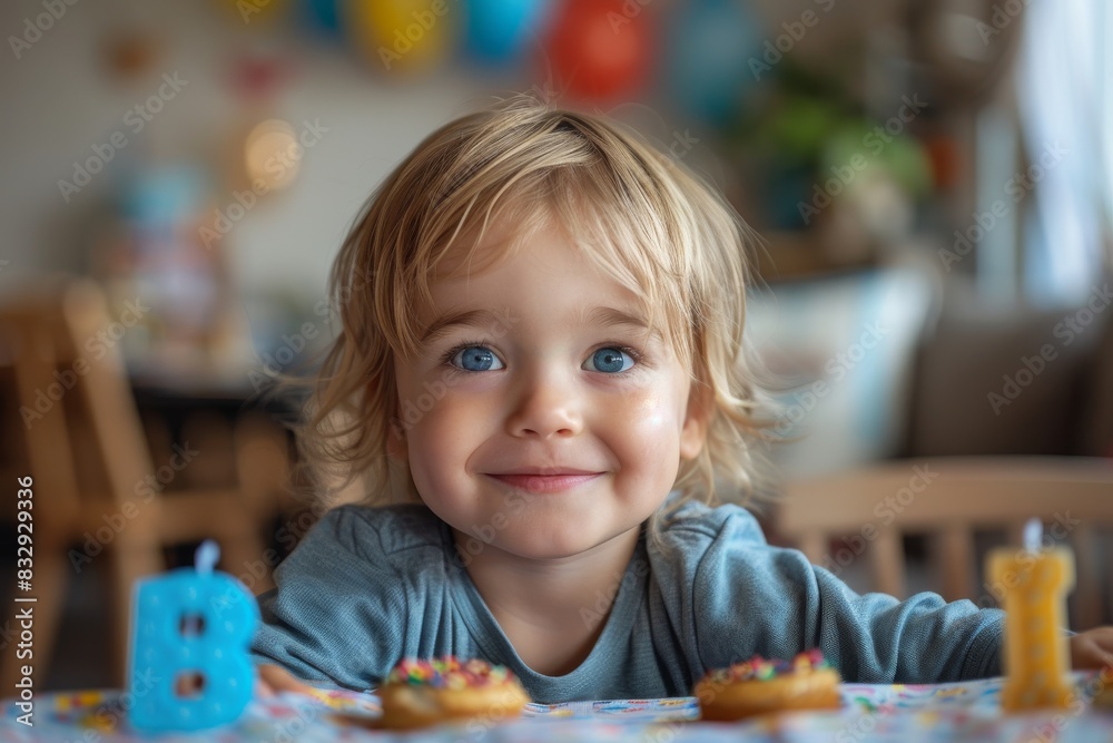 A toddler boy with sparkling blue eyes sits adorably in front of his birthday treats A toddler boy with sparkling blue eyes sits adorably in front of his birthday treats