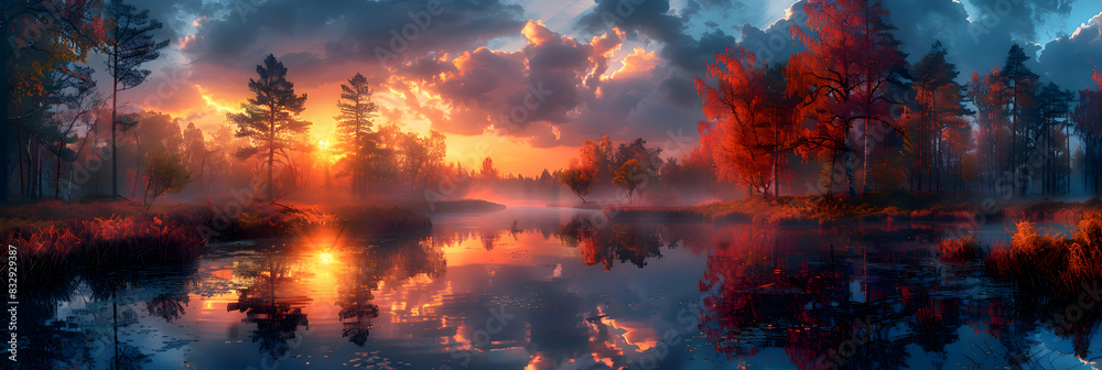 A nature swamp during sunset, the sky ablaze with colors, and the water reflecting the hues