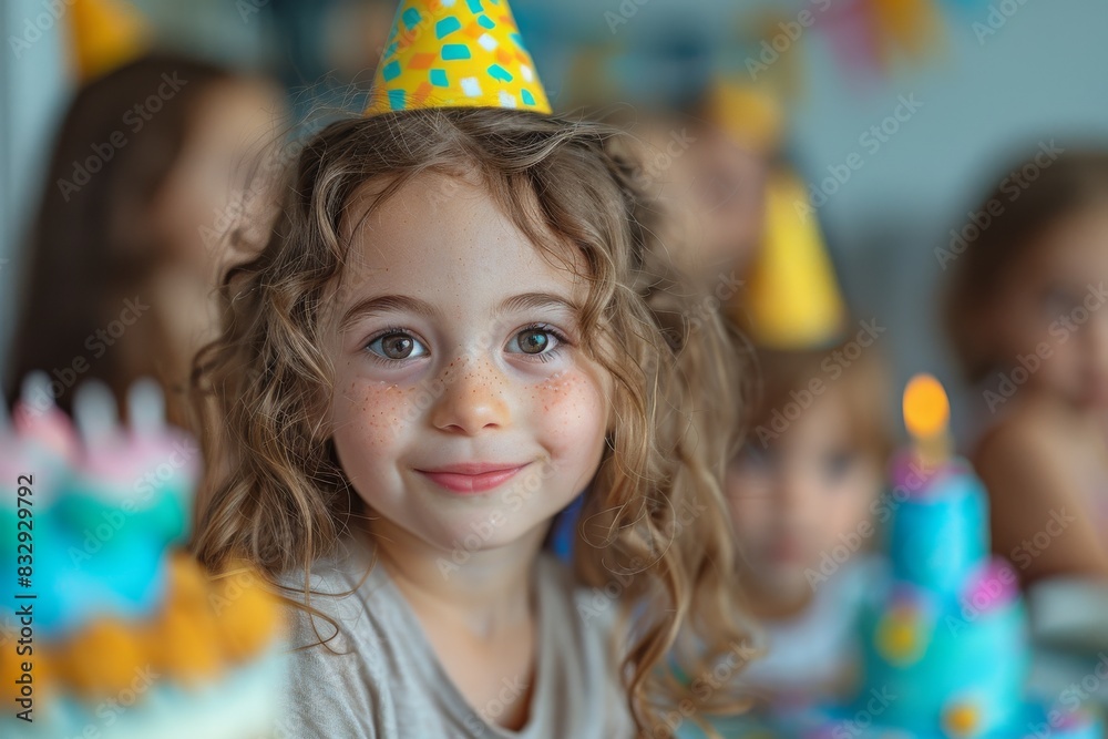 Fototapeta premium A delightful scene of a girl with curly hair and a party hat beside a birthday cake gives off a festive vibe