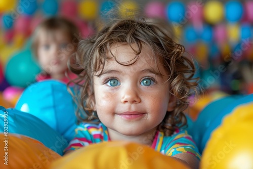 Smiling boy with curly locks playing in a colorful ball pit looking at the camera
