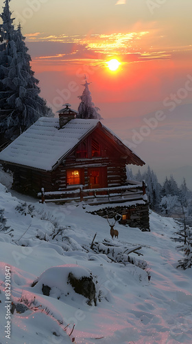 A nature tundra scene with a small wooden cabin surrounded by snow, the sun setting in the background