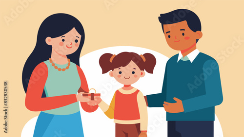 A traditional adoption day ceremony with the child receiving a special bracelet as a symbol of their new bond with their family.. Vector illustration