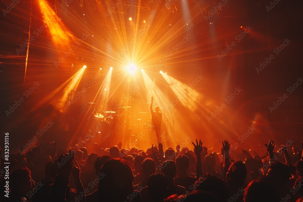 An energetic live performance of a band on stage engulfed by radiant orange lights and silhouettes of fans An energetic live performance of a band on stage engulfed by radiant orange lights and silhouettes of fans