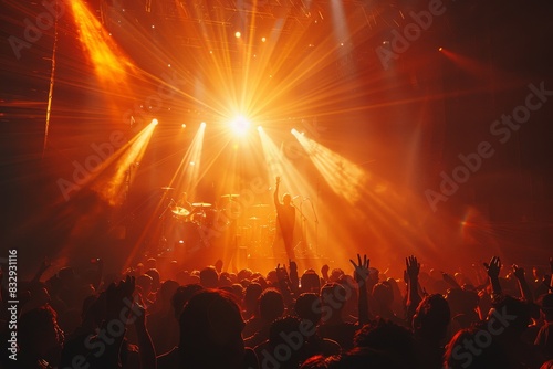 An energetic live performance of a band on stage engulfed by radiant orange lights and silhouettes of fans