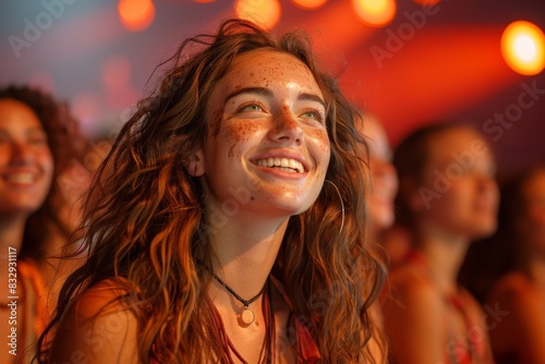Golden sunlight illuminates a girl's freckle-filled face in a crowd during a concert