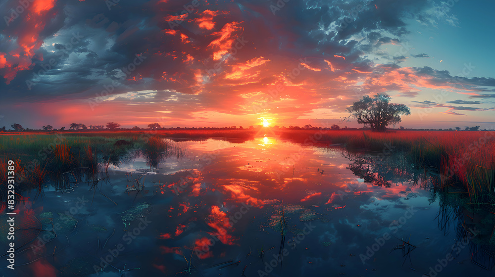 A nature water hole during sunset, the sky ablaze with colors, and the water reflecting the hues