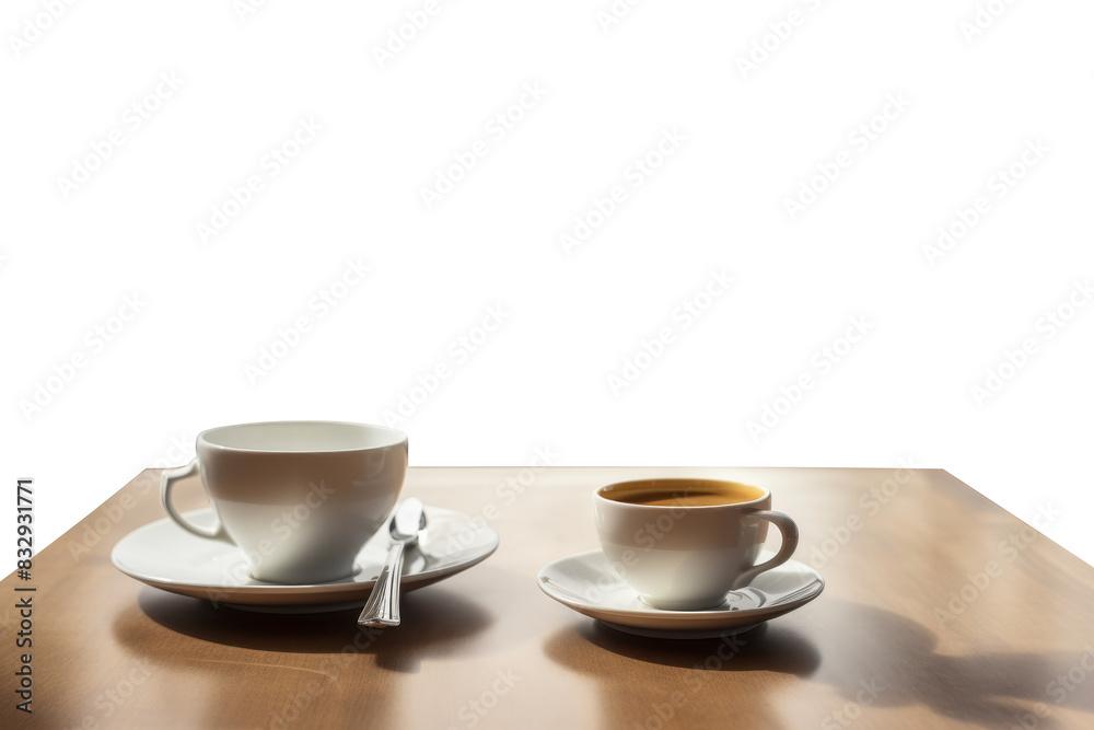 A pair of coffee cups, one full and one empty on the wooden table, isolated on a transparent background, symbolizing the start and end of a coffee break. A pair of coffee cups, one full and one empty on the wooden table, isolated on a transparent background, symbolizing the start and end of a coffee break.