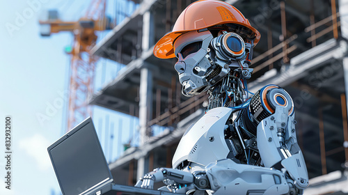 Robot with laptop wearing construction hat at building site