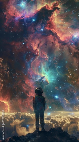 A space traveler gazing out at a nebula, their silhouette dwarfed by the cosmic expanse