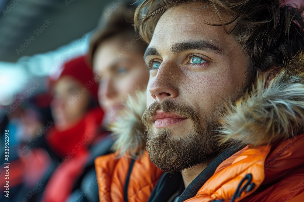 Close-up of a man with striking blue eyes wearing warm winter gear at an event Close-up of a man with striking blue eyes wearing warm winter gear at an event