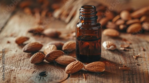 Essential oil derived from almonds displayed on a wooden surface photo